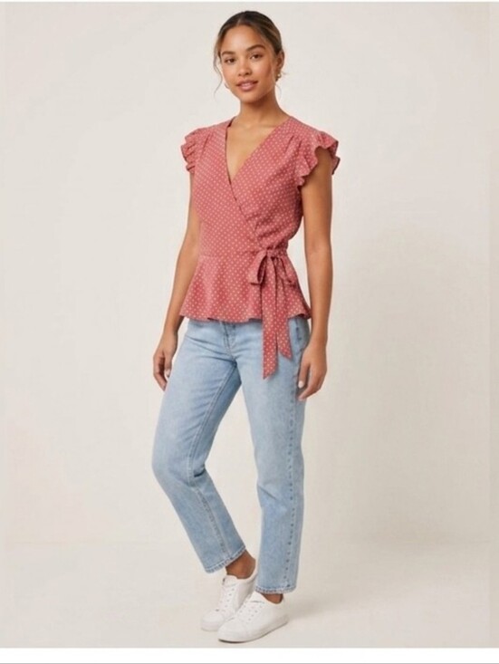 Monteau Tops - MONTEAU pink short sleeve blouse with polka dots, tie waist, Vneck ruffles small